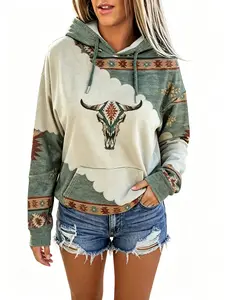 [Bohemian Hoodie] Women's Winter Hoodies Western Ethnic Hoodies,Highland Bull Head Print Pullover Hoodies Sweatshirts,Long Sleeve, Round Neck, Versatile Outerwear Top, Comfortable Casual Attire