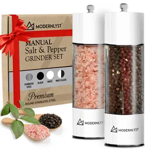 MODERNLYST Manual Salt and Pepper Grinder Set of 2 | Large Round Shakers | 7.5 Inch Stainless Steel Refillable Grinders (White)