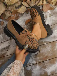 Women's Leopard Bowknot Slip-On Shoes, Casual Thick Sole Footwear for Spring & Fall, Size 36-42 Comfortable All-Season Single Shoe