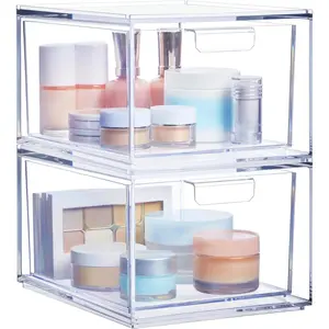 2-Pack Clear Stackable Plastic Organizer Drawers – Cosmetic and Beauty Supply Storage for Vanity or Bathroom