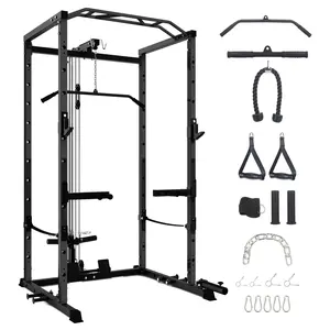 Multi-Functional Power Rack , with Cable Pulley System and J-Hooks, with Dip Bars and Landmine Attachment, Weight Cage for Home Gym Equipment