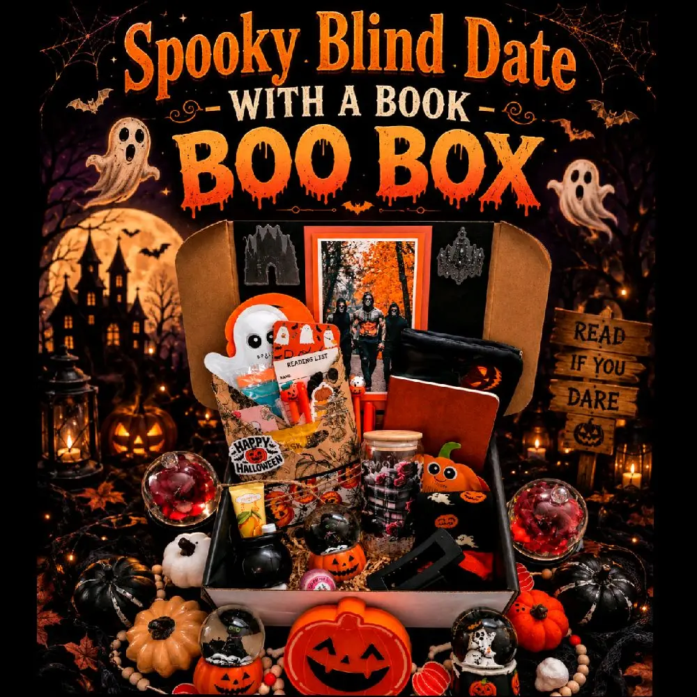 Boo Box - Blind Date with a Book Box | Halloween Themed Book Lovers Gift Box | for adults | Hand Decorated Gift | New Book, Book Sleeve, Glass Tumbler, Halloween Decor, Socks, Jewelry, Bookmarks, Candle, Face Mask, Eye Mask, Lip Mask, Drink Mix, Etc