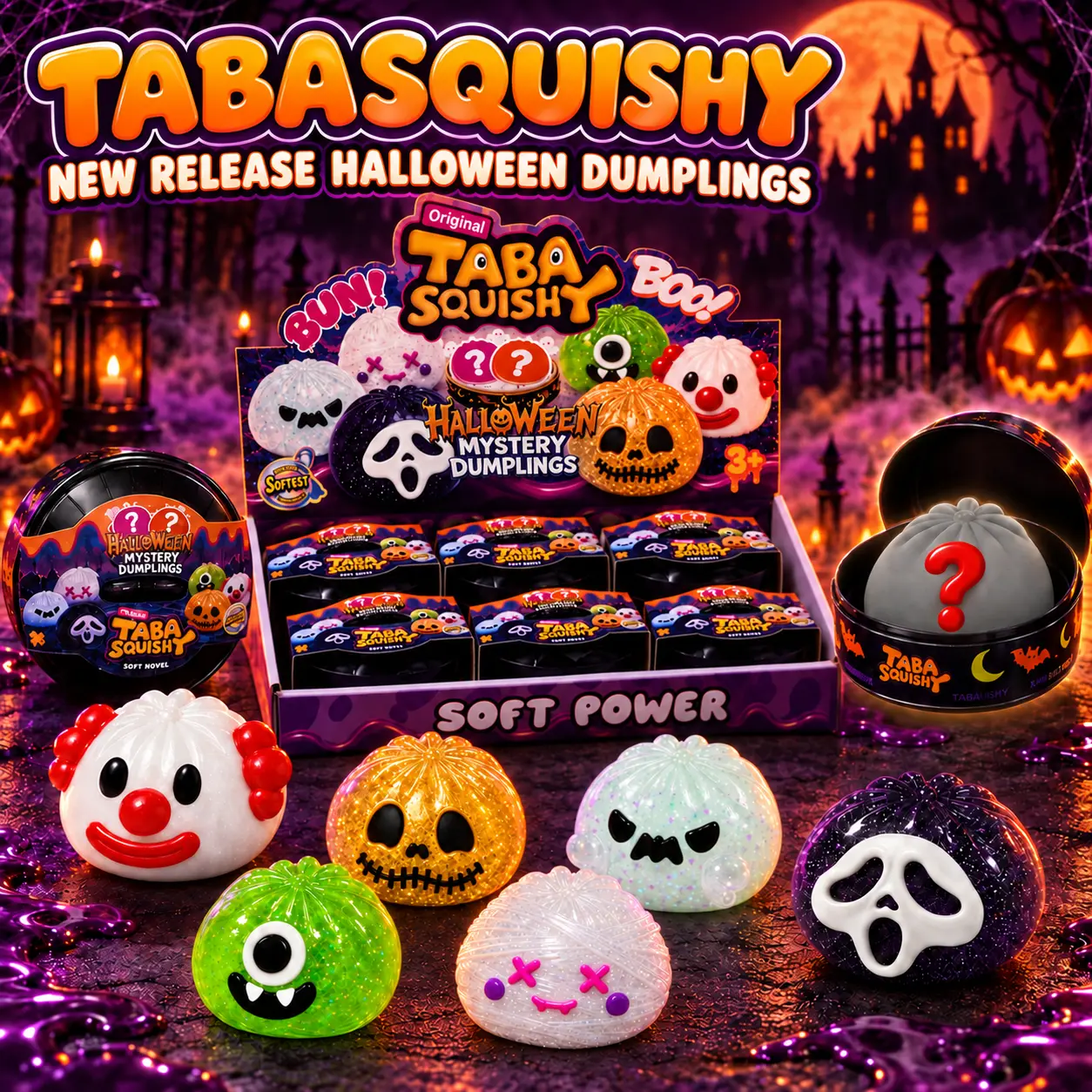TABASQUISHY Halloween Dumpling Mystery Taba Squishy Toy -  Blind Box Collectible ,Cute Kawaii Soft Slow Rising Stress Relief Fidget Toy & Backpack Charm Decor with 6 Spooky Designs + 2 Hidden Editions