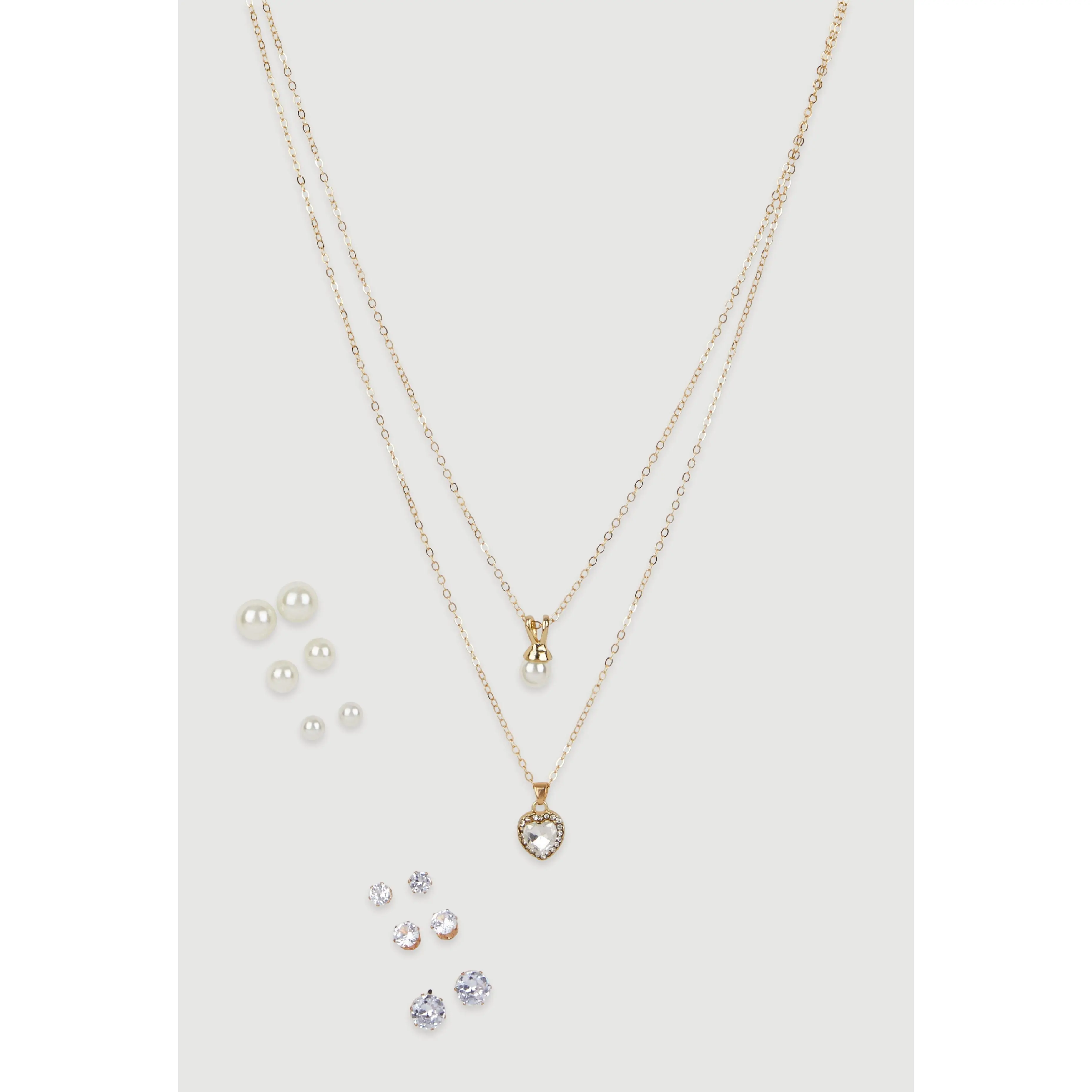 Cubic Zirconia Charm Layered Necklace with Stud Earrings