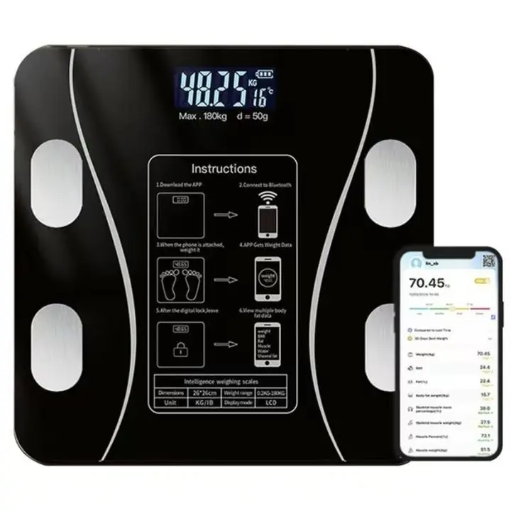Intelligent Bluetooth Digital Weighing Scale, Sturdy Tempered Glass Bathroom Body Scale with Clear LED Backlight, Auto On & Auto Calibration High Capacity 180KG Body Fat Analyzer for Personal Daily Healthcare