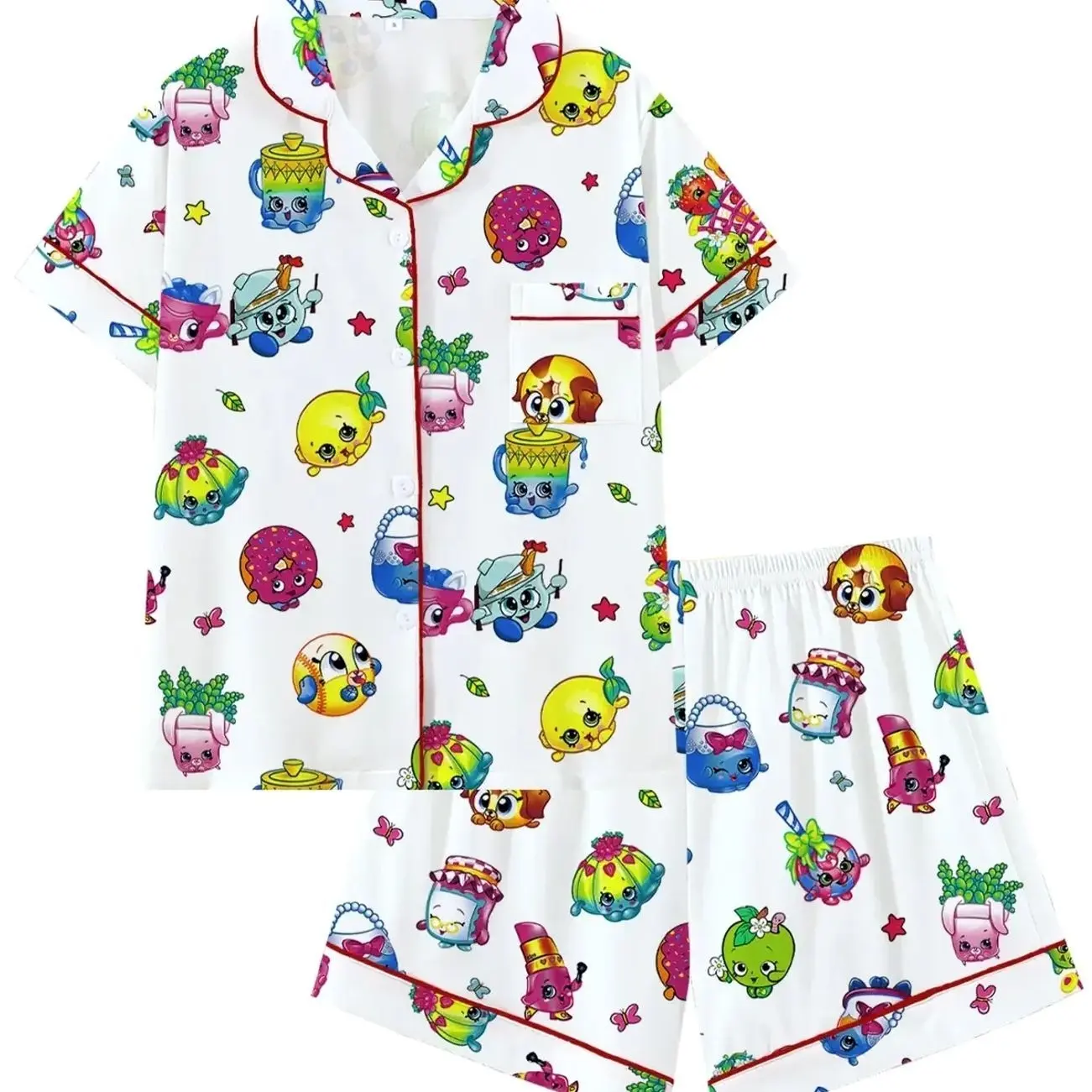 Kidcore Aesthetic Kawaii Cartoon Pajama Set | Cute Colorful Food & Toy Print Sleepwear | Soft Short Sleeve Button Down Lounge Outfit with Red Piping | Fun 2-Piece Summer PJs | Nostalgic Sleepover Nightwear
