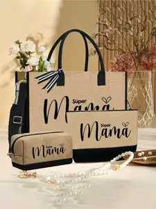 Mama Theme Beach Handbag Set, Large Capacity, Artistic Letter Pattern, Includes Two Makeup Pouches, Perfect for Weddings, Vacations, Daily Use