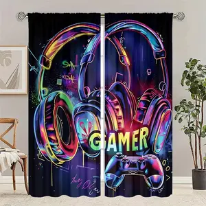 Modern Music & Gaming Controller Theme Curtains, Half-Blackout Decorative Panels, Vibrant Headphone & Controller Print, Polyester Fabric