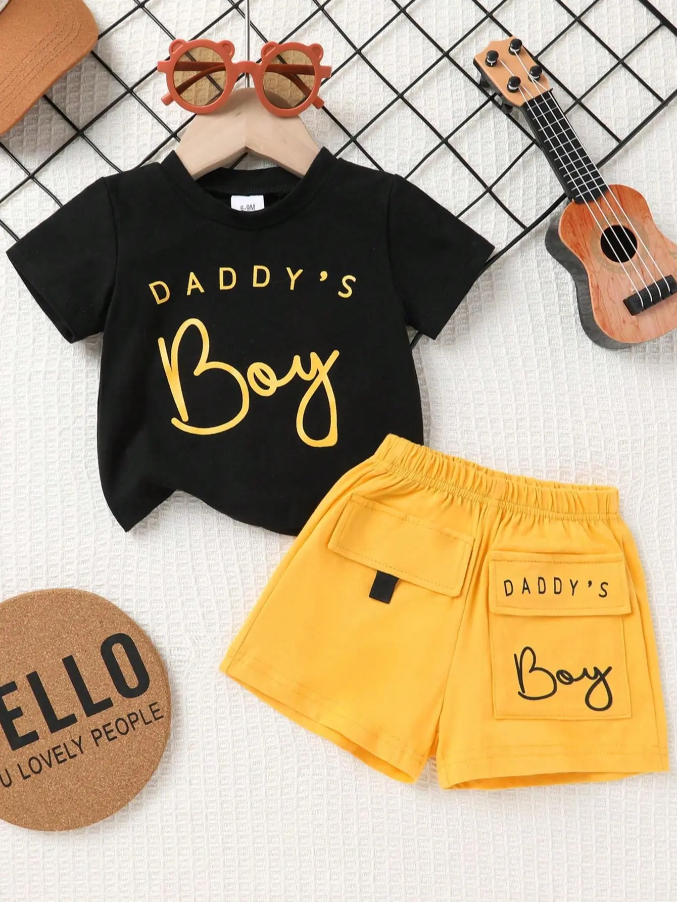 2pcs, Cute Baby Boy Clothing, Soft Comfortable, Casual, "Daddy's Boy" Letter Slogan Print Crew Neck Short-sleeved T-shirt And Elastic Waist Athletic Shorts Set, Toddler Boy Clothes, Summer For Everyday Wear, Outdoor Activities, Vacations, Parties