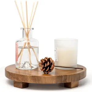9.4" Acacia Wood Decorative Tray Farmhouse Wood Riser Pedestal Stand for Kitchen and Bathroom Decor Counter Display Vanity Tray Medium 9.4" Dia