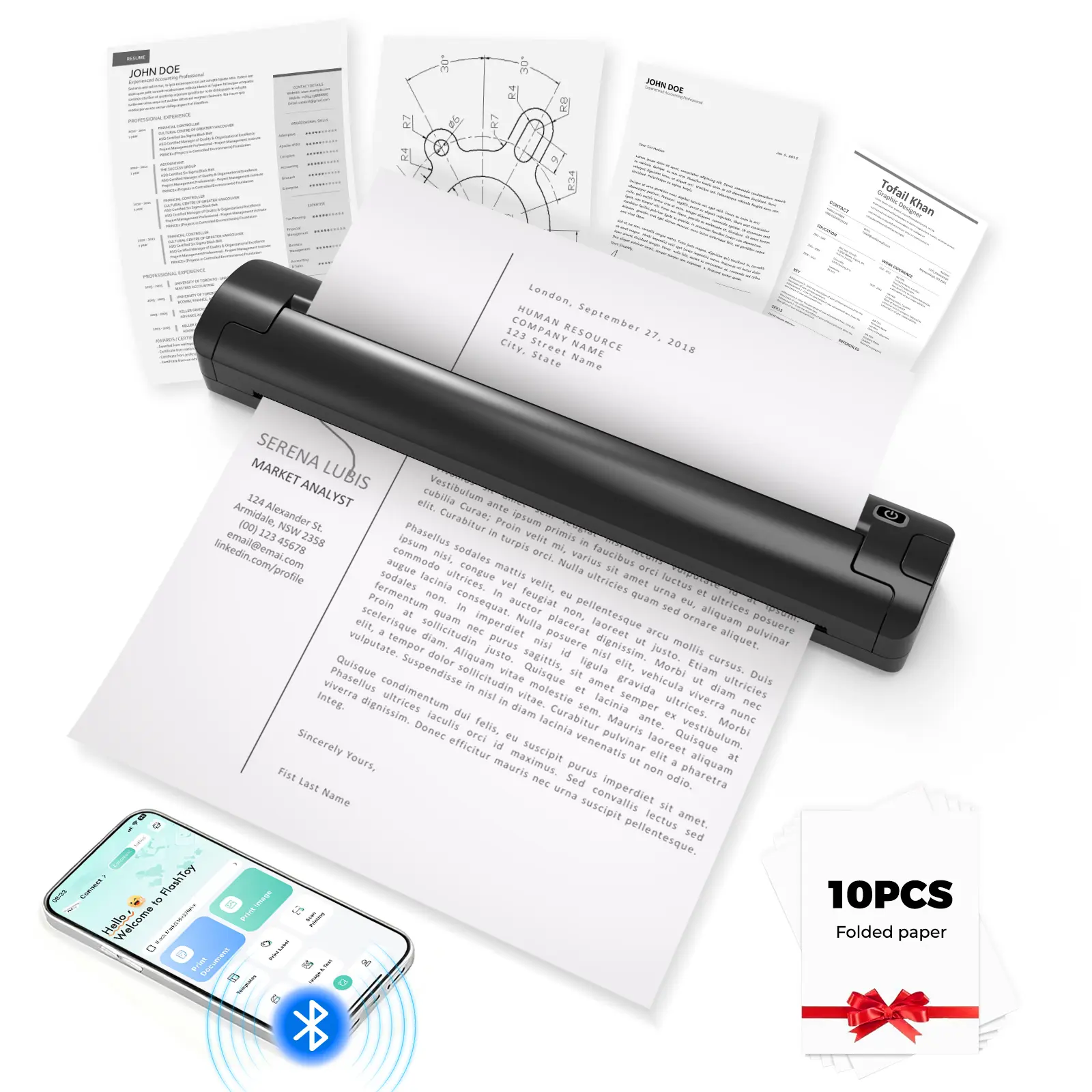 Portable Printers Wireless for Travel, Portable Inkless Small Printer Support 8.5" X 11" US Letter&Legal,A4&A5 thermal paper,Thermal Wireless Printer Compatible with Android,iOS&Laptop（with 3Pcs Tattoo Transfer Paper and 10 Folded Thermal Paper）