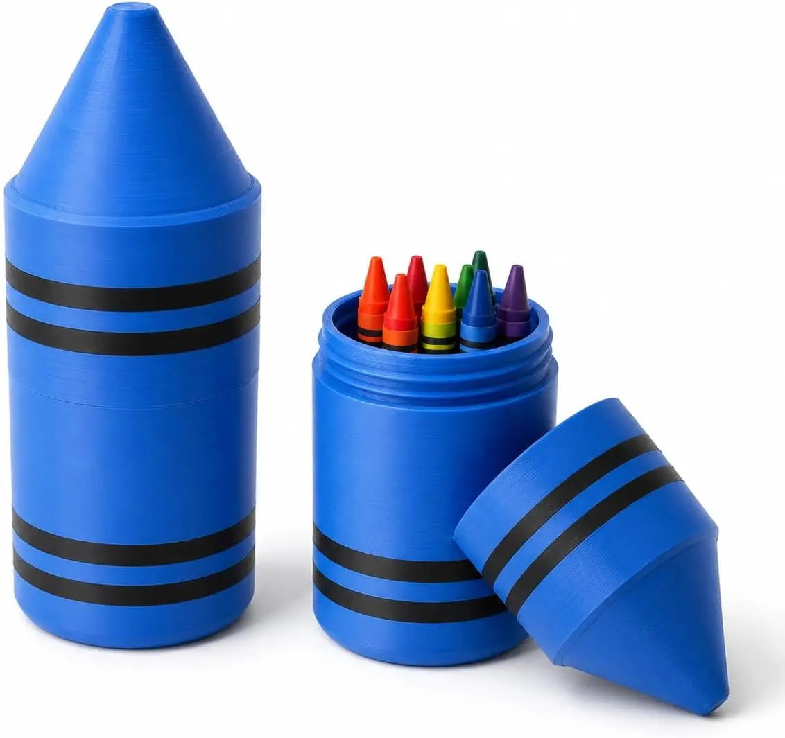 Crayon Holder - Fun Giant Crayon Design Storage Case with Removable Screw-On Lid for Kids Art Supplies Bright Pink with Bold Black Details