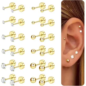 MILACOLATO 12Pairs Flat Back Earrings for Women Men Surgical Steel Earrings Small CZ Stud Earring for Women Cartilage Tragus Helix Jewellery Piercing
