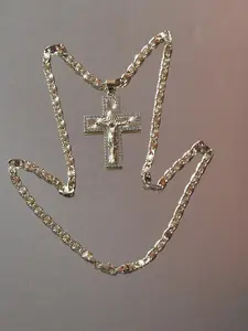 N30-Clear Zircon Stripped 12.5mm Wide 2-1/4 Crucifix with 5mm Diamond Cut Style Copper Gold Plated