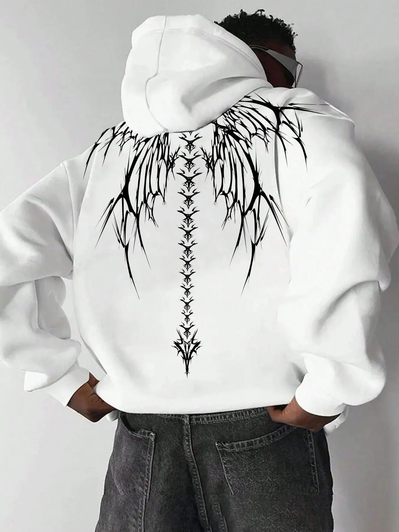 Men's Wings Skeleton Print Drop Shoulder Aesthetic Hoodie, Fashion Casual Regular Fit Drawstring Pocket Hooded Sweatshirt for Daily Holiday Outdoor Wear, Men Clothes for Fall & Winter, Graphic Print Hoodie
