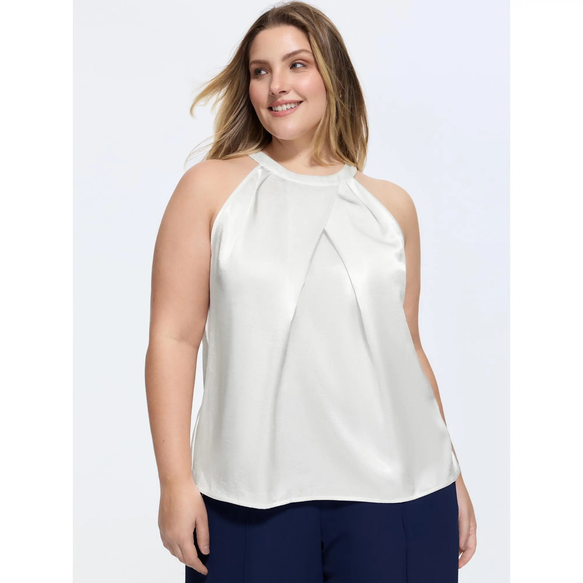 BloomChic Women's Plus Size Satin Halter Neck Top, Solid Sleeveless Overlap Pleated Cropped Polyester Blouse for Office, Fit, Fabric, Women's Clothes, Smooth, Garment, Cropped Top, Blouse Shirt, Low Iron, Pleated Detail, Overlap Wrap, Iron Smooths, Do Not