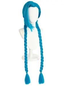 110cm Long Blue Braided Ponytail Extension, Striking Natural Fluffy Hair Wigs for Women, Synthetic Costume Wigs for Party, Daily Use