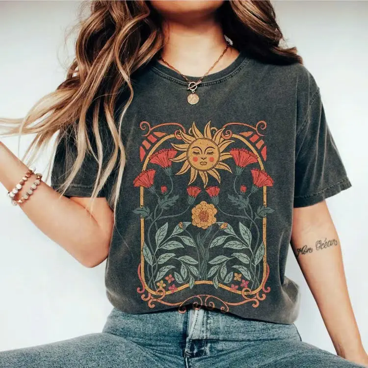 [ Sale Up To 65% ] Comfort Colors Boho Floral T-Shirt Art Nouveau , Wild Flowers for Women , Vintage Botanical Tee For Her , Retro Floral Nature T-Shirt , Flowers Lover Tee , Ladies Shirts