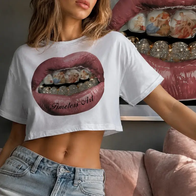Y2K Aesthetic White Short Sleeve Crop Top for Women Glossy Lips Rhinestone Grills Angel Print Casual Loose Streetwear Tee Suitable for Summer Outing Party Daily Wear