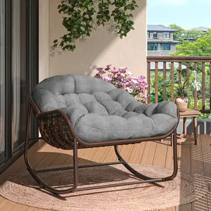 Oversized Wicker Patio Egg Rocking Chair – 12cm Thick Cushioned Seat – Heavy Duty Metal Frame, Water-Resistant Cover – 450lbs Capacity – Ideal for Porch, Garden, Balcony, Backyard