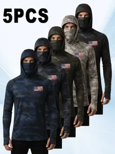 Men’s 5-Pack UPF 50+ Camouflage Hooded Sun Protection Shirts, Long Sleeve Full Face Neck Mask Quick-Dry Fishing/Hunting Tactical T-Shirts with Thumb Holes and American Flag Print