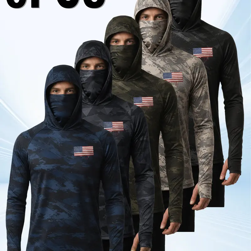 Men’s 5-Pack Camo Set - UPF 50+ Elastane Twill Slim Fit Hooded Breathable Sports Tops, Quick-Dry Fabric, Long Sleeve, Full Face Neck Mask, Thumb Holes, American Flag Print, Cool, Unisex for Fishing, Boating, Hiking,outdoorfun