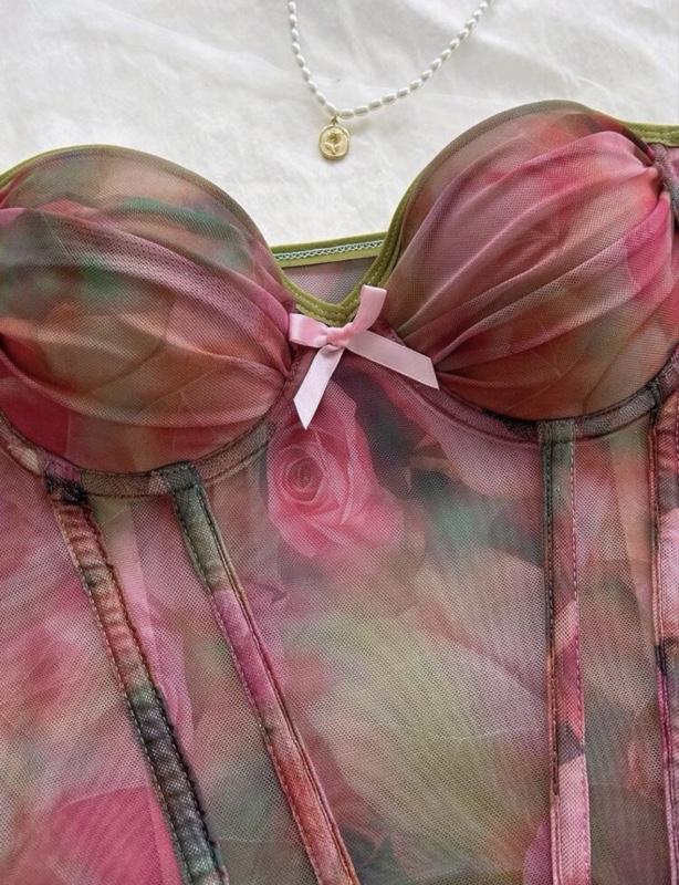 Soleia Watercolor Tie Dye Bow Tie Elastic Mesh Ruched Bustier
