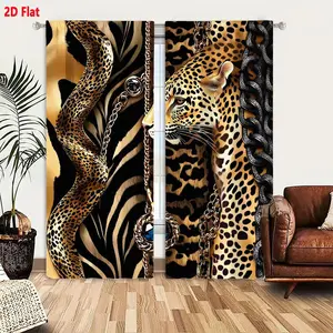 2D Flat   Leopard Animal Print Black & White Striped Curtain 2-Piece Set with Golden Chain & Gem Decor, Luxury Wild Pattern Living Room Bedroom Drape, Metallic Chain Ornament Curtains