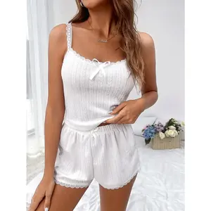 White Lace Trim Bow Front Cami Top and Shorts Pajama Set for Women Ideal for Nightwear or Relaxing at Home