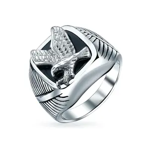 Large Square Black Patriotic USA American Bald Eagle Signet Ring Stainless Steel