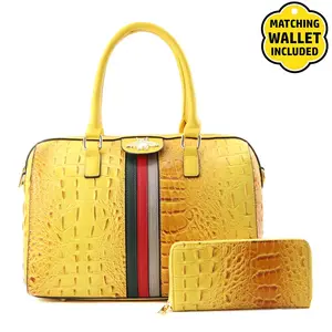 Faux Leather Croc Striped Bumblebee Handbag + Wallet
