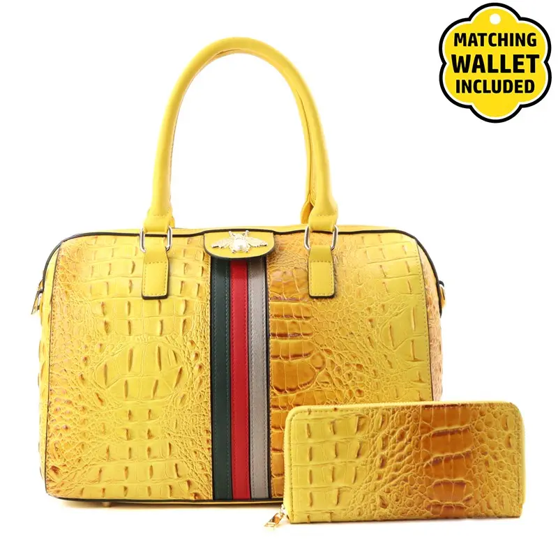 Faux Leather Croc Striped Bumblebee Handbag + Wallet