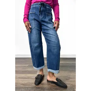 The Dixon from Risen High-Rise Barrel-Cargo Crop Wide Leg Dark Wash Denim