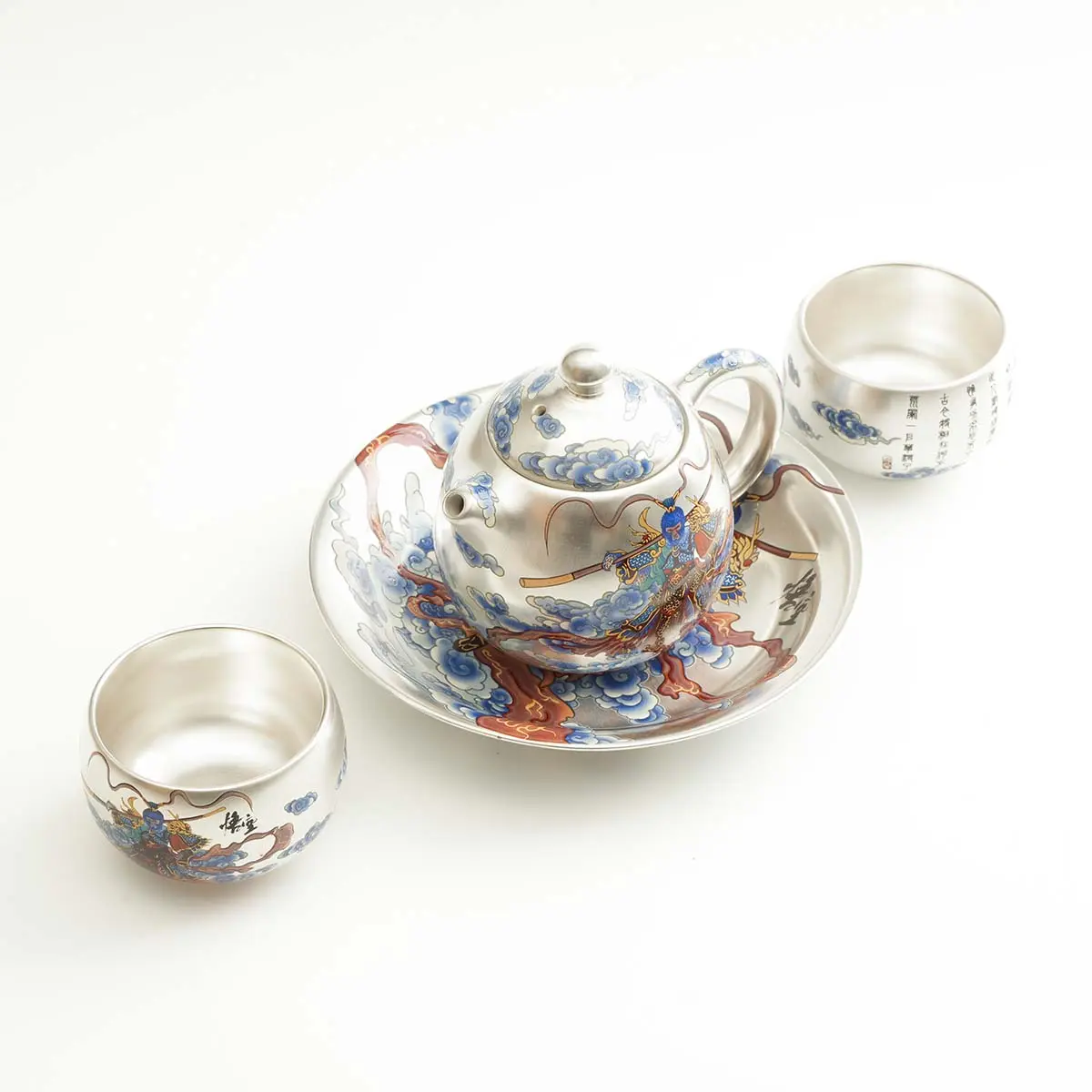 Luxury Look Ceramic Body Classic Teapot Set, Light Luxury Silver Gilded Finish with Wukong Motif, Kitchen & Tea Ware