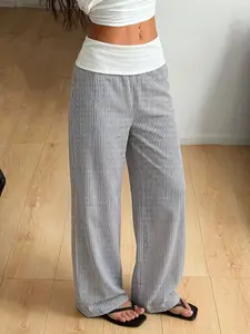 Vintage 90s Striped Fold Over Waist Pants - Loose Wide Leg Trousers, High Waist Linen-Look Casual Bottoms, Y2K Office & Summer Outfit