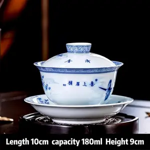 “Clear Elegance Blue-and-White” imitation ancient blue-and-white San Cai bowl with hand-painted hundred-children motif and underglaze decoration featuring “Joyful Brow Lines.” High-temperature fired gongfu tea ware, collectible gift box—ideal for gifting