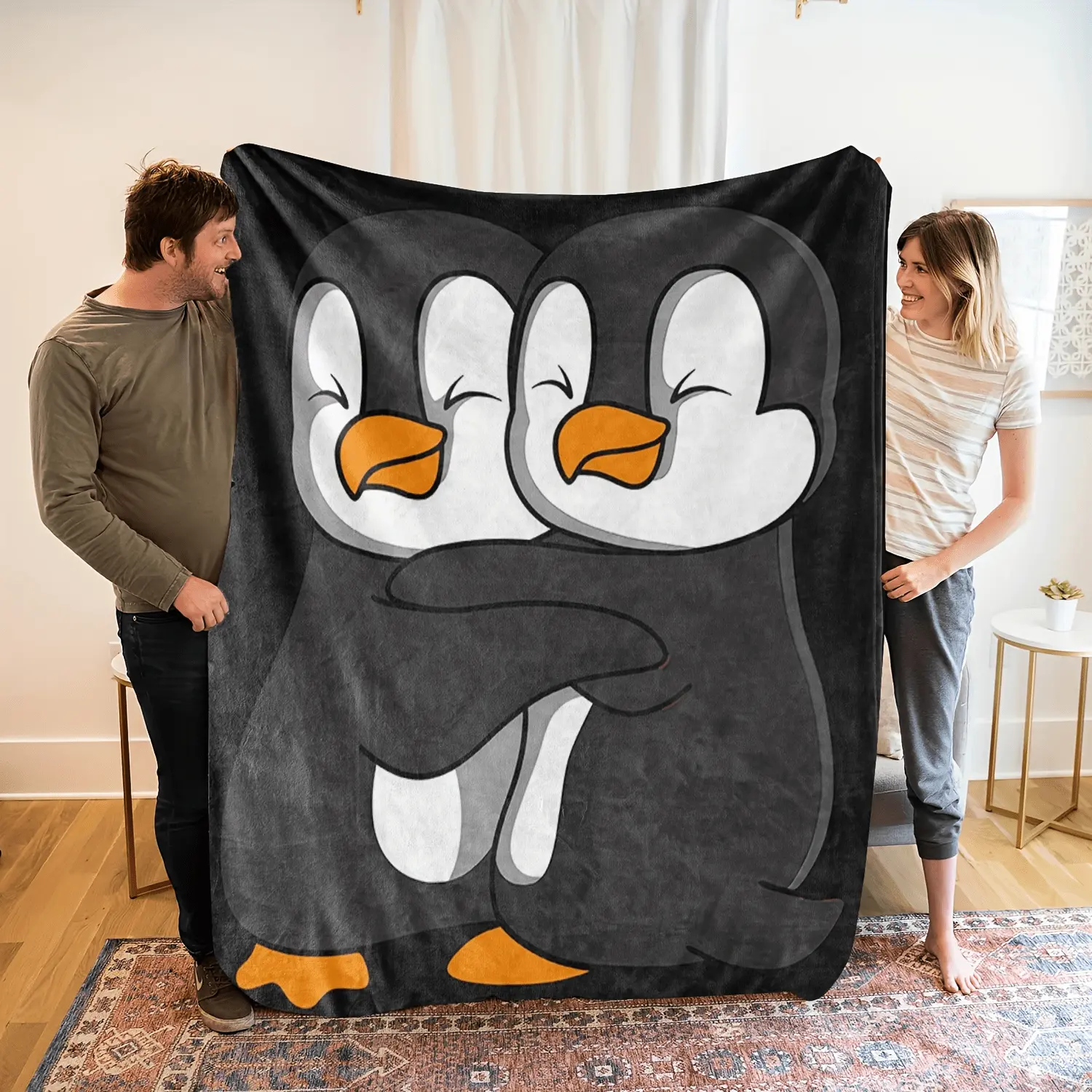 Cozy Double Penguin Flannel Blanket - Soft, Breathable 100% Polyester with Adorable Cartoon Penguins Design, Machine Washable, Perfect Gift for Family & Friends, All-Season Use, Penguin