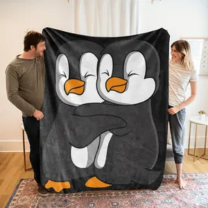 Cozy Double Penguin Flannel Blanket - Soft, Breathable 100% Polyester with Adorable Cartoon Penguins Design, Machine Washable, Perfect Gift for Family & Friends, All-Season Use, Penguin