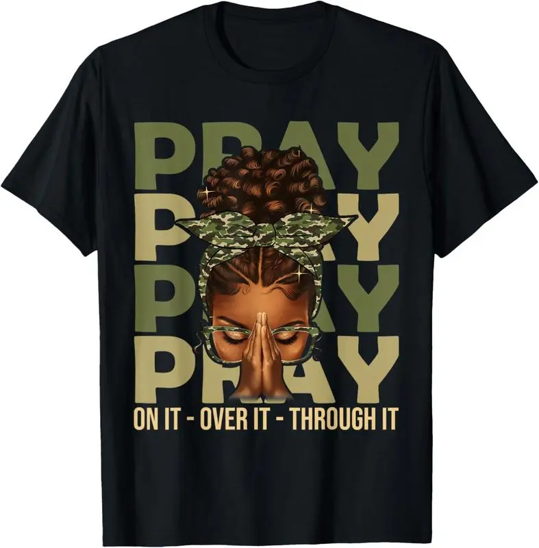 Women's Vintage Christian "Pray On It" T-Shirt, 100% Cotton Crew Neck with Short Sleeves and a Whimsical Afro Theme, Casual Fit, Graphic Print