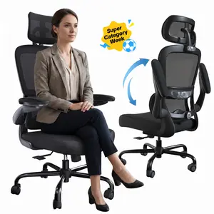 TRALT Ergonomic Office Chair - Breathable Mesh & Leather Seat - Flip-up Arms for Space Saving - High Back Support Desk Chair for Home & Gaming - Adjustable Lumbar Support & Headrest