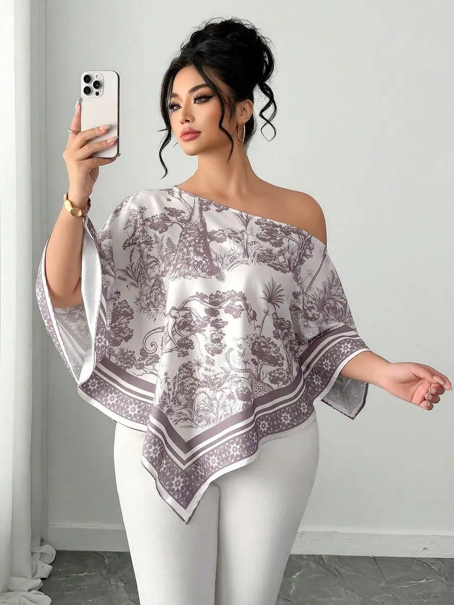Plus Size Women's Sunset Print Poncho Top, Asymmetric Neck Casual Vacation Blouse