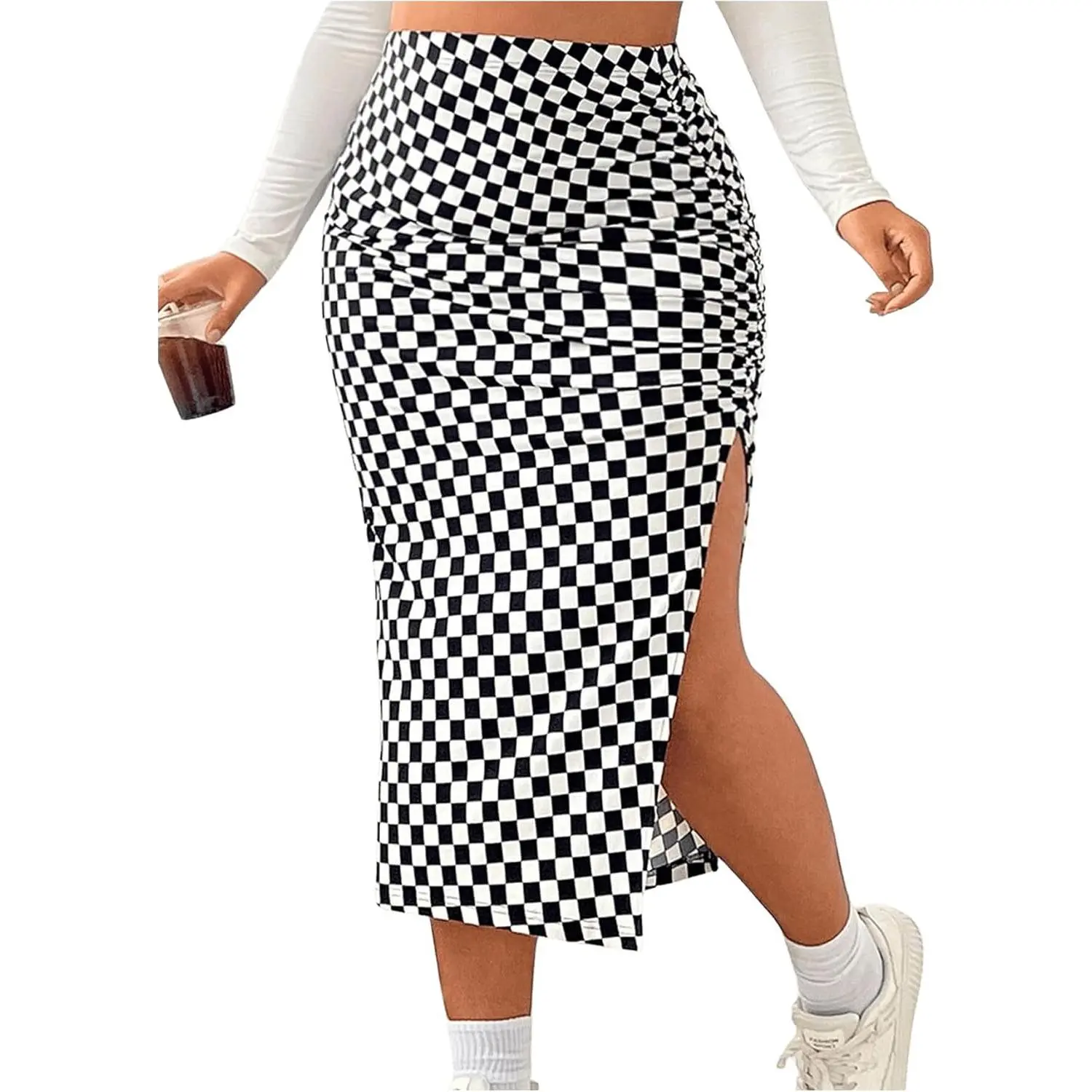 Women's Plus Size Checkered Midi Skirt, High Waist Street Fashion Pencil Skirt with Ruched Side Split, Bottom, Fashion Casual Skirt