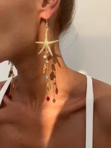 1pair  Women's Boho Style Alloy Statement Earrings, Dangling Earrings, Ocean-Inspired Starfish Shell Design, Irregular Crystal Beaded Dangle Jewelry for Daily Wear and Vacation，Fashion Accessories For Women