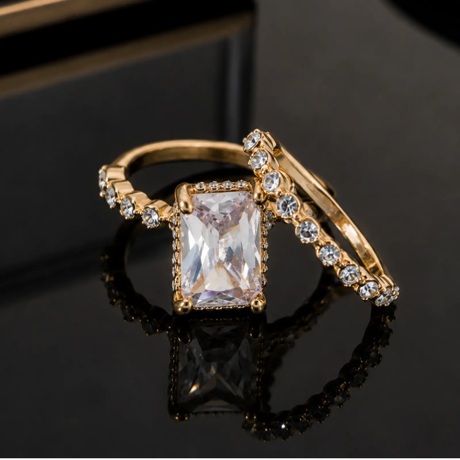 Women's 2-Piece Cubic Zirconia Ring Set – Gold-Plated Jewelry Suitable for Engagement, Promise, or Anniversary Gifts.