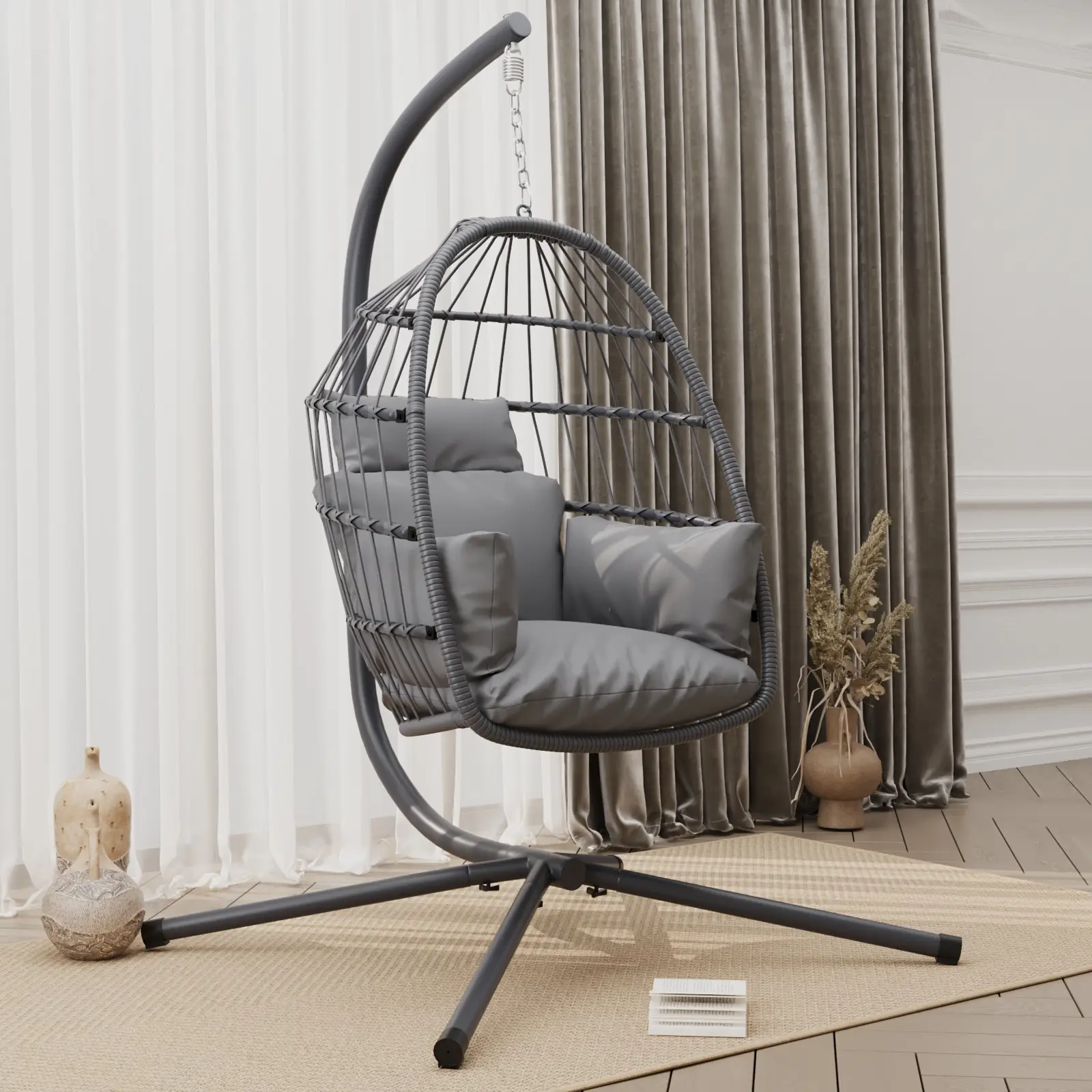 Foldable Hanging Egg Chair with Stand Up to 400lbs, Indoor Outdoor Wicker Egg Swing, All-Weather Rattan Egg Chair, No Rain Cover, Waterproof Cushion,