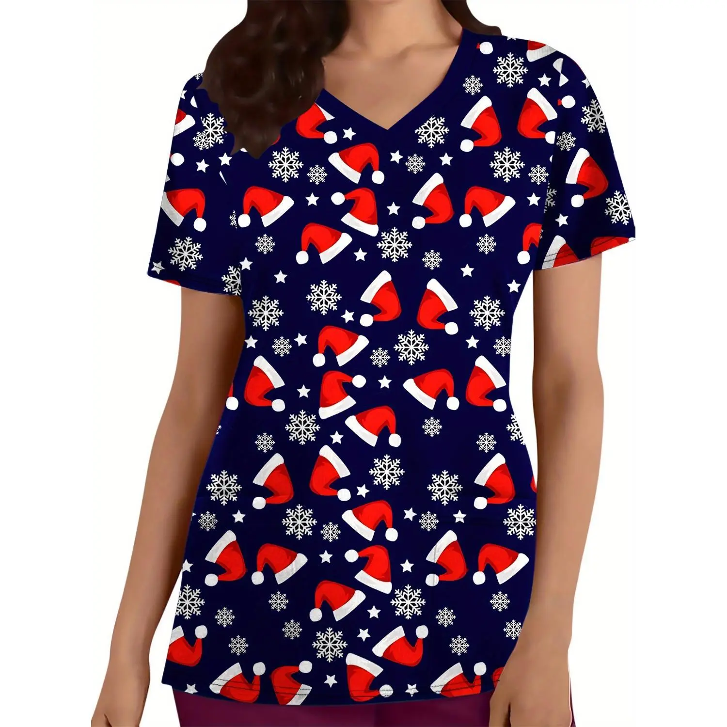 Festive Women's V-Neck Scrub Top with Pockets - Christmas Santa Hat & Snowflake Print, Comfortable Breathable Polyester Knit Healthcare Uniform, All-Season Cartoon Pattern Workwear
