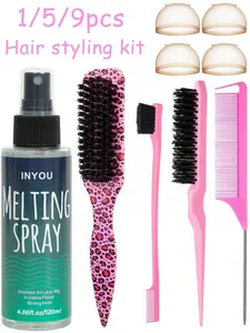 1/5/9pcs Hair Styling Kit – Strong Hold Setting Spray + Edge Brush, Rat Tail Comb, Teasing Comb, Smoothing Paddle Brush & Hair Caps, For Slick Back Ponytail & Bun, Home/Salon, For Women, Hair Styling Tools