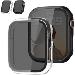 Privacy case for Apple Watch screen protector 40mm 44mm 41mm 45mm series 9 8 7 6 5 4 SE 2nd generation, PC hard face cover tempered glass + bumper for iWatch cover accessories, 2 pack 40mm clear/black