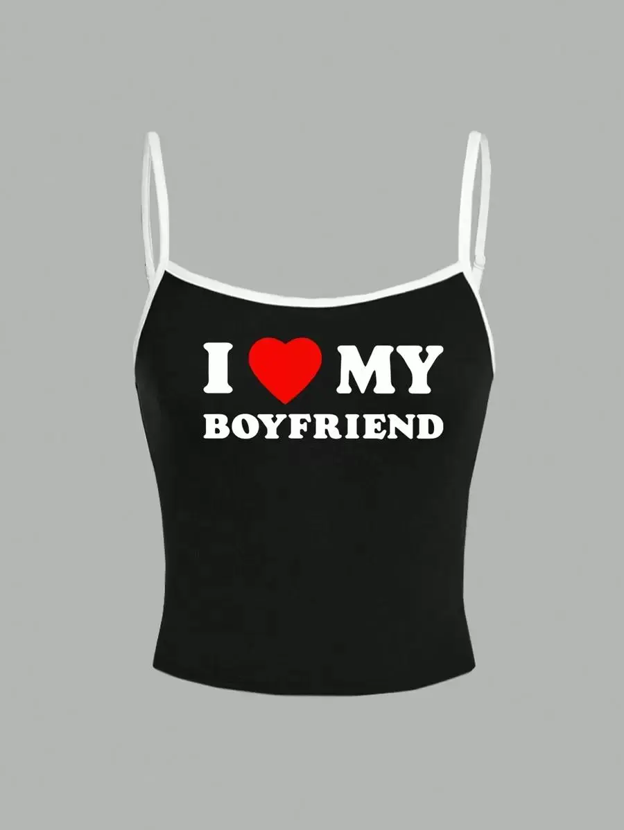 SHEIN EZwear Women's I Love My Boyfriend Slogan Graphic Casual Tight Camisole Top, Suitable For Summer I Love MY BOYFRIEND Back To School