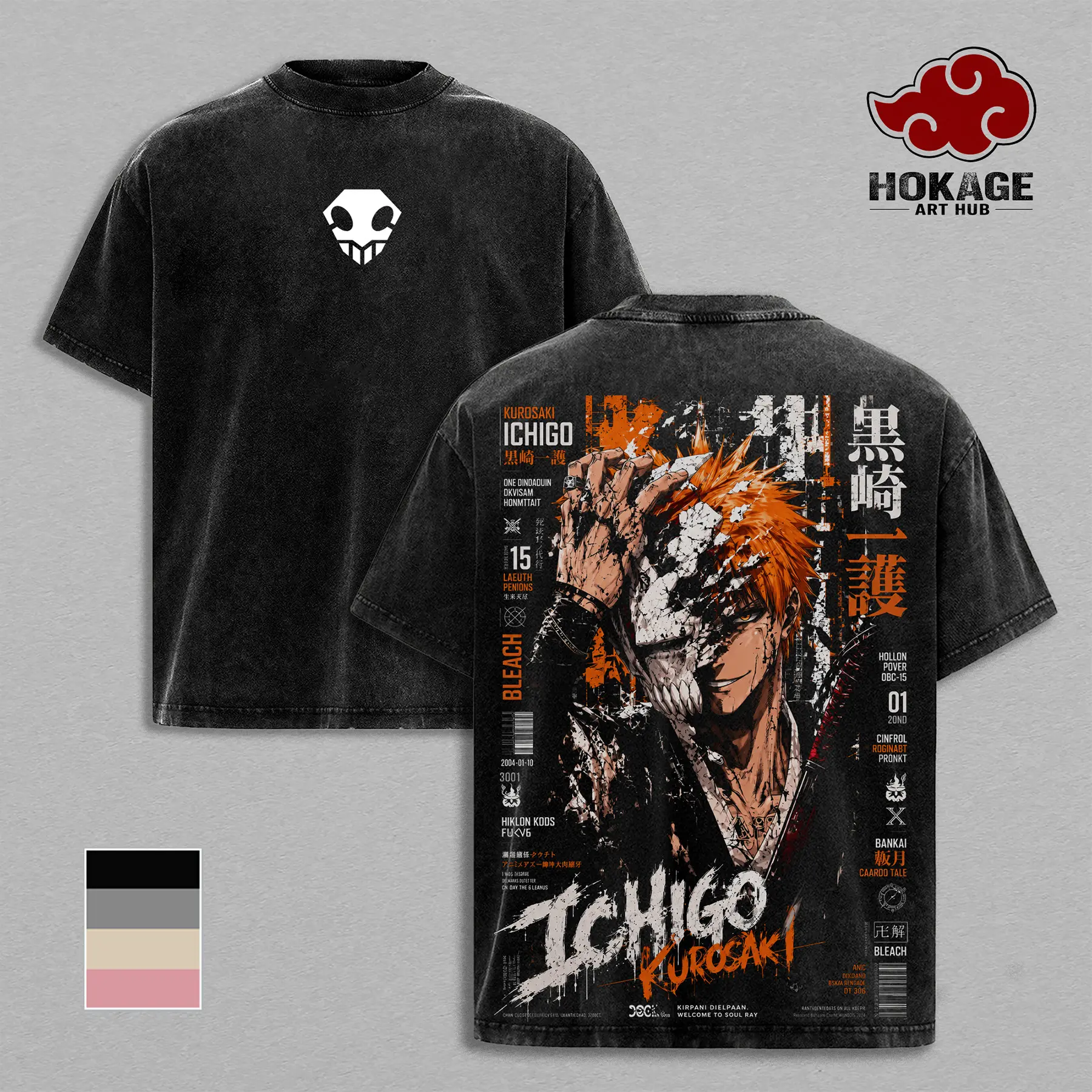Ichigo - Bleach Hollow Mask Double Printed Graphic Tee, Heavy Cotton Oversized Shirt, Faded Acid Wash Streetwear For Men, Gift For Anime Lovers And Bleach Fans Fabric Menswear